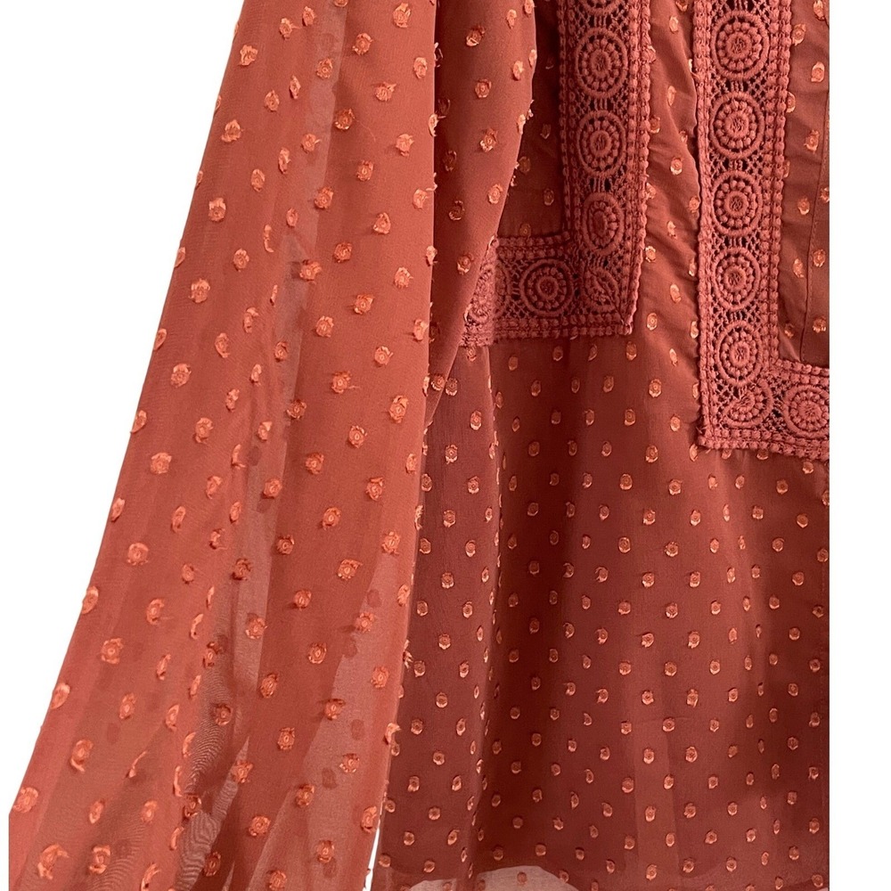 Miss Me Swiss Dot Blouse Women Large Rust Good Boho Crochet Tassel - Picture 7 of 13